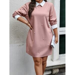 SHEIN Dusty Rose Pearl Peter Pan Collar Shift Dress - Long Sleeve Mod - NWOT